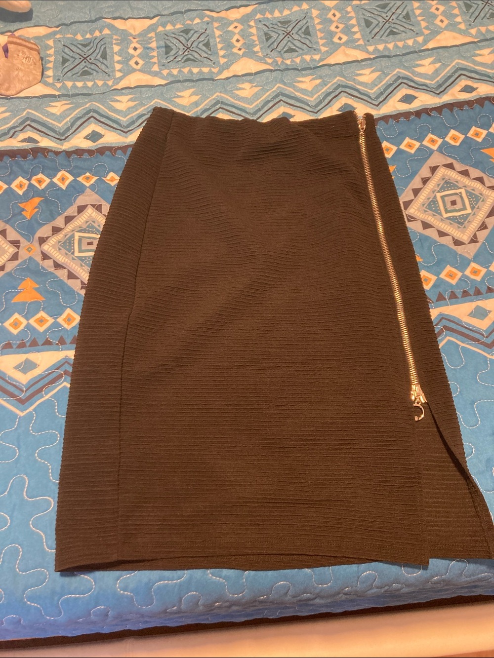 Black Ribbed Pencil Skirt with silver Zip